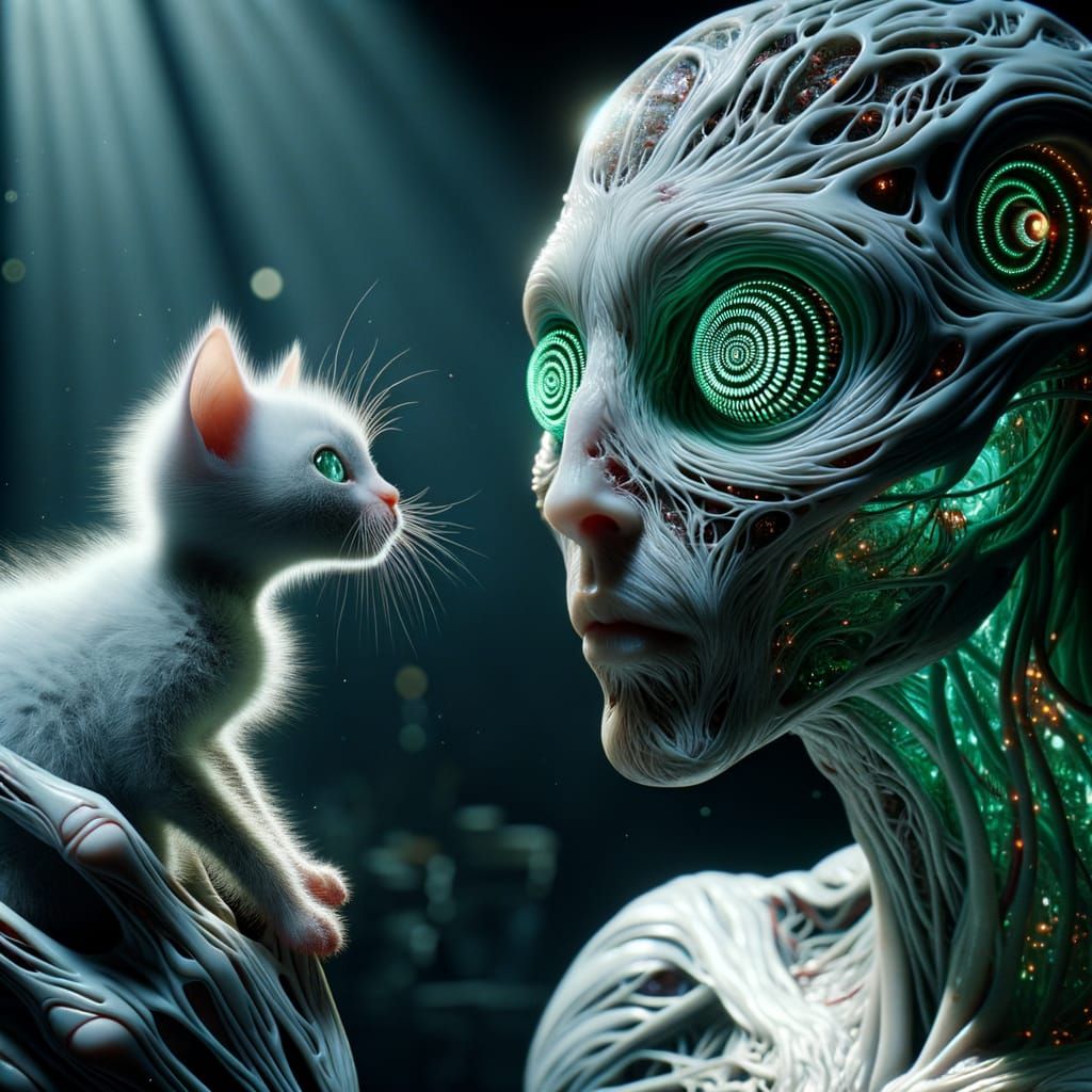 Mysterious Synthetic Guardian Examines Innocent Kitten