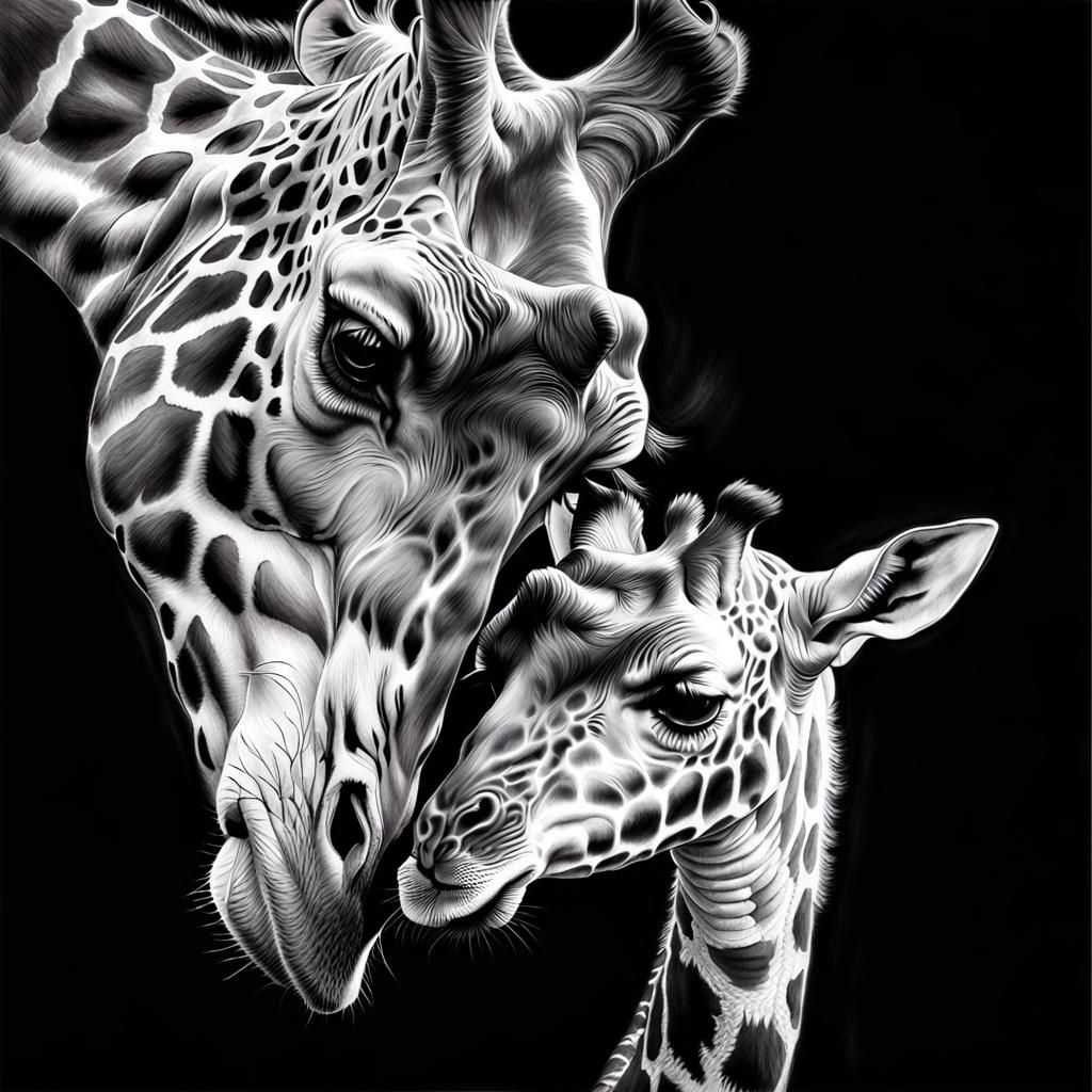 Mother and Baby Giraffe Charcoal Drawing