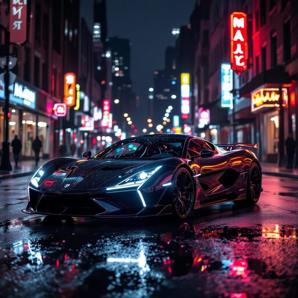 Sleek Black Hypercar on Wet City Street at Night