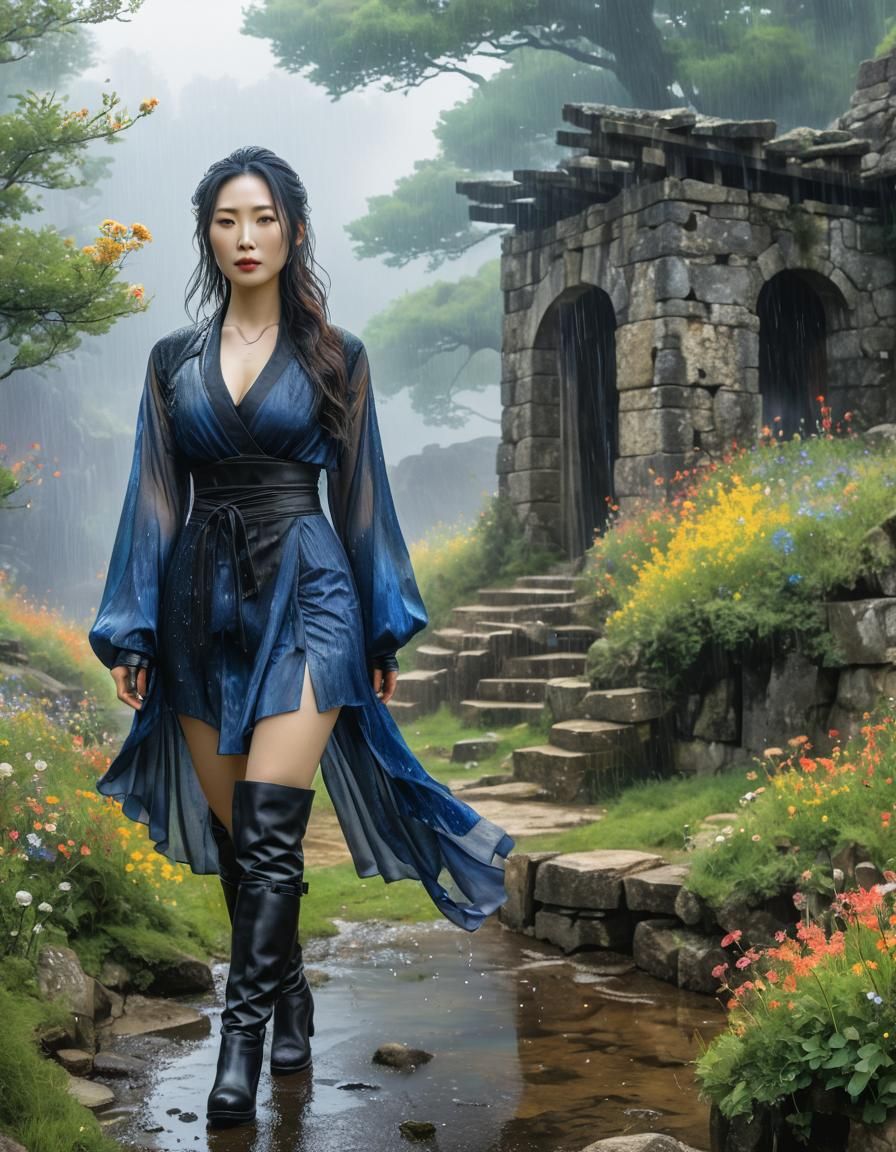 Surreal Watercolor of Korean Woman in the Rain