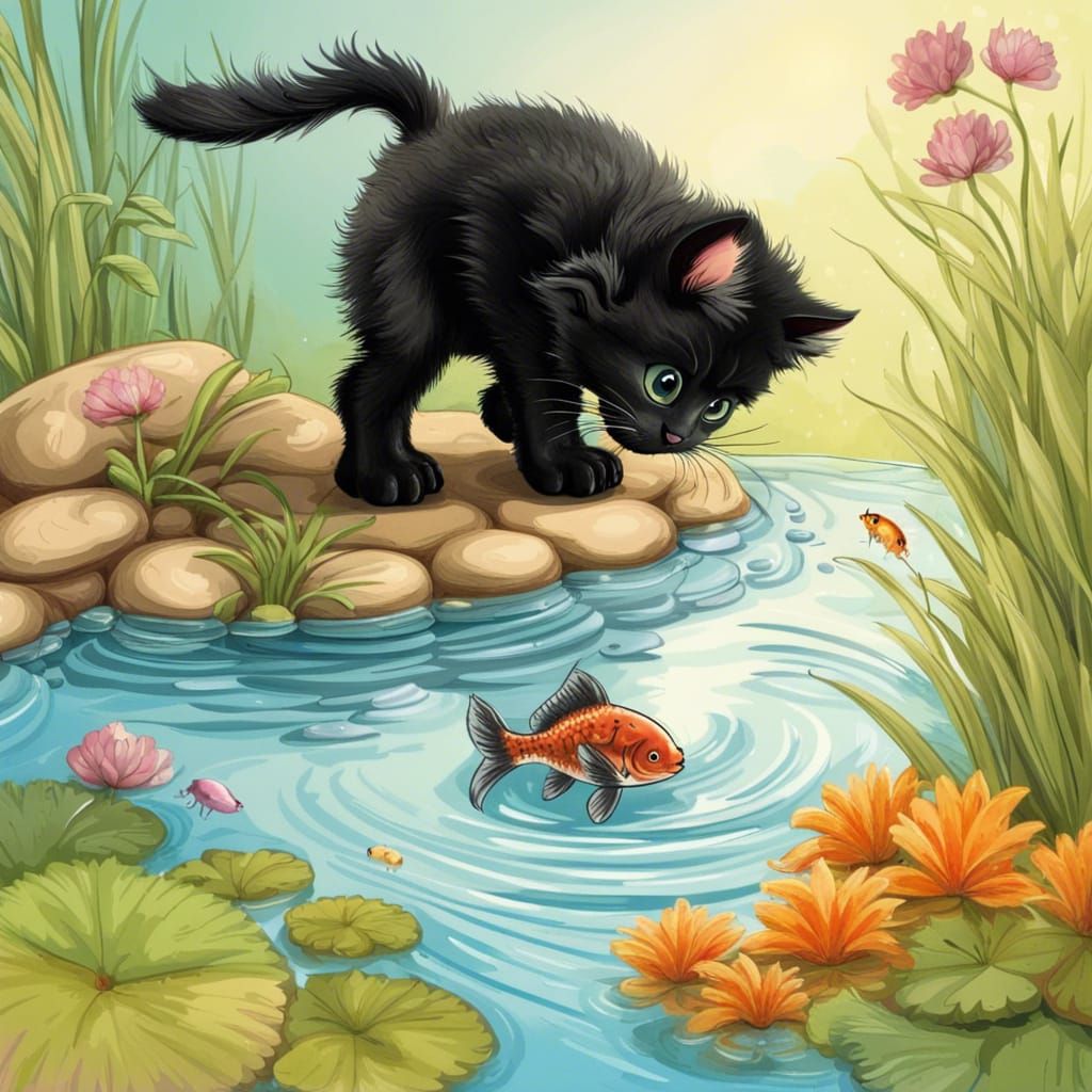 Hyperrealistic Kitten Fishing for Goldfish in Pond
