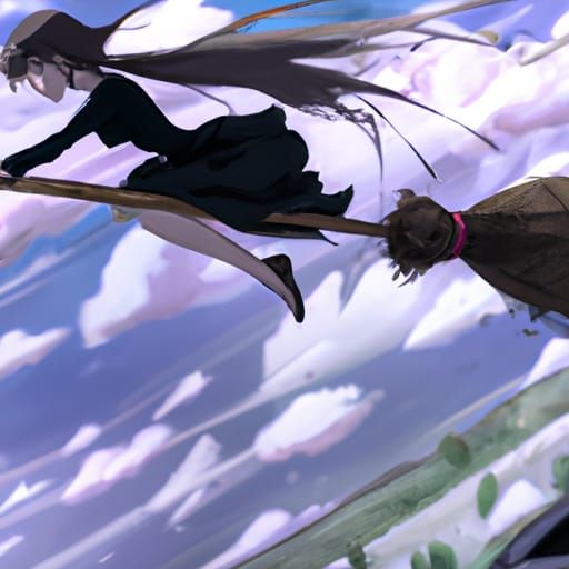 Anime Witch on Broomstick in Ghibli Style