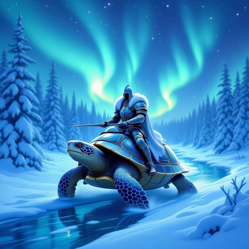 Knight Rides Bioluminescent Turtle Through Winter Wonderland