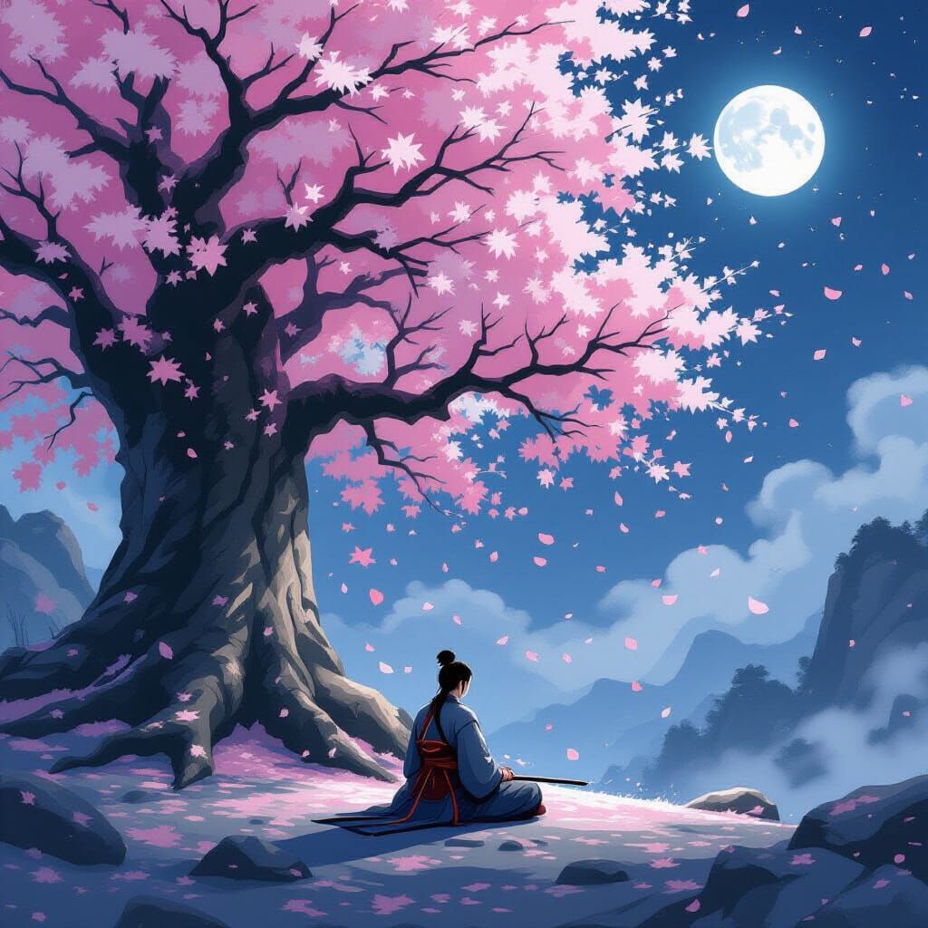 Samurai Warrior Meditating Under Cherry Blossoms at Night