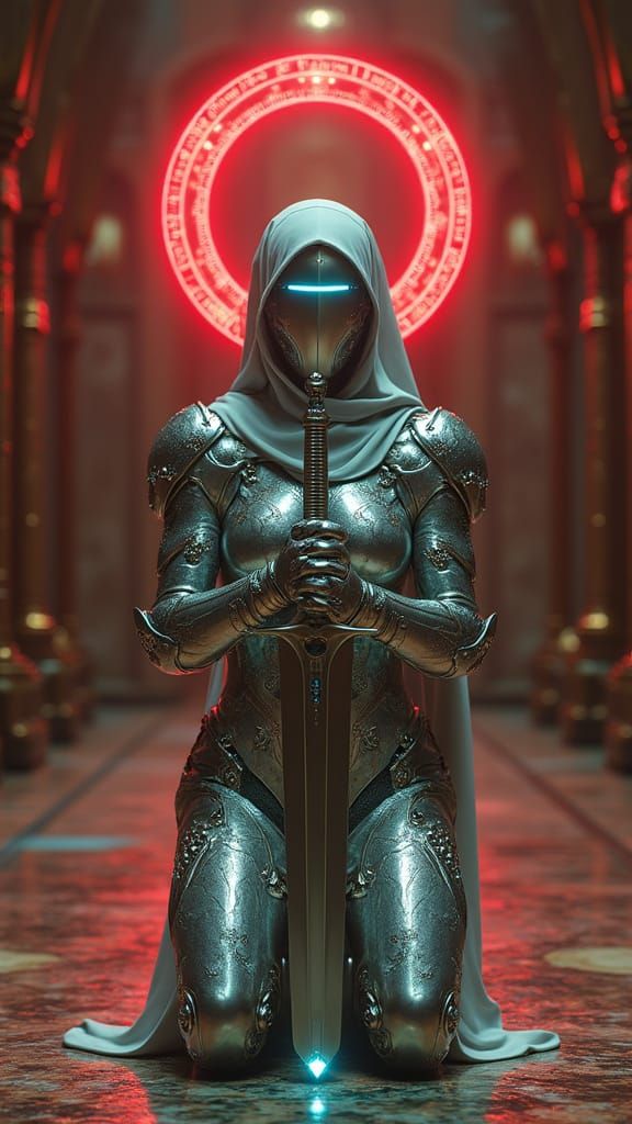 Techno-Knight Nun in Cyber-Cathedral as Digital Art