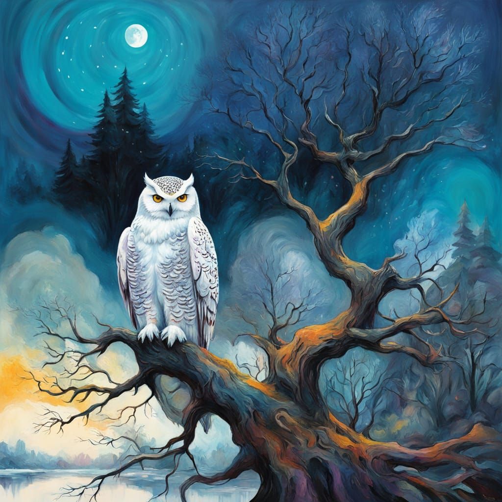 Majestic Snowy Owl in Ethereal Moonlight Forest