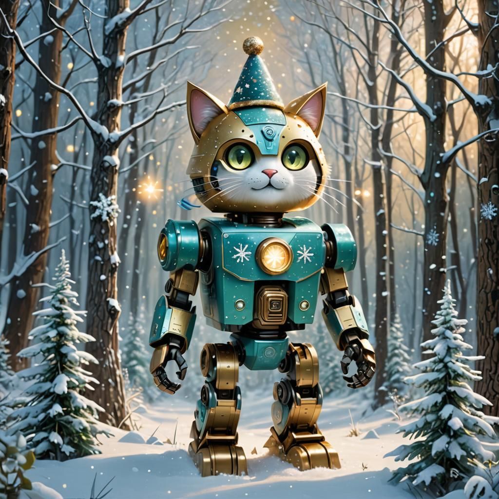 Whimsical Robot Cat in a Snowy Forest Wonderland