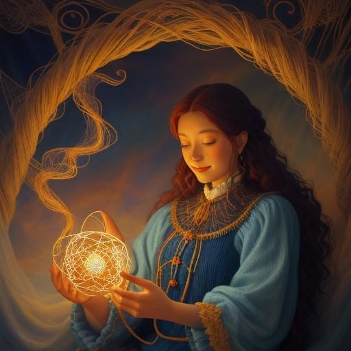 Surreal Woman Knits in Dreamlike Oil Painting