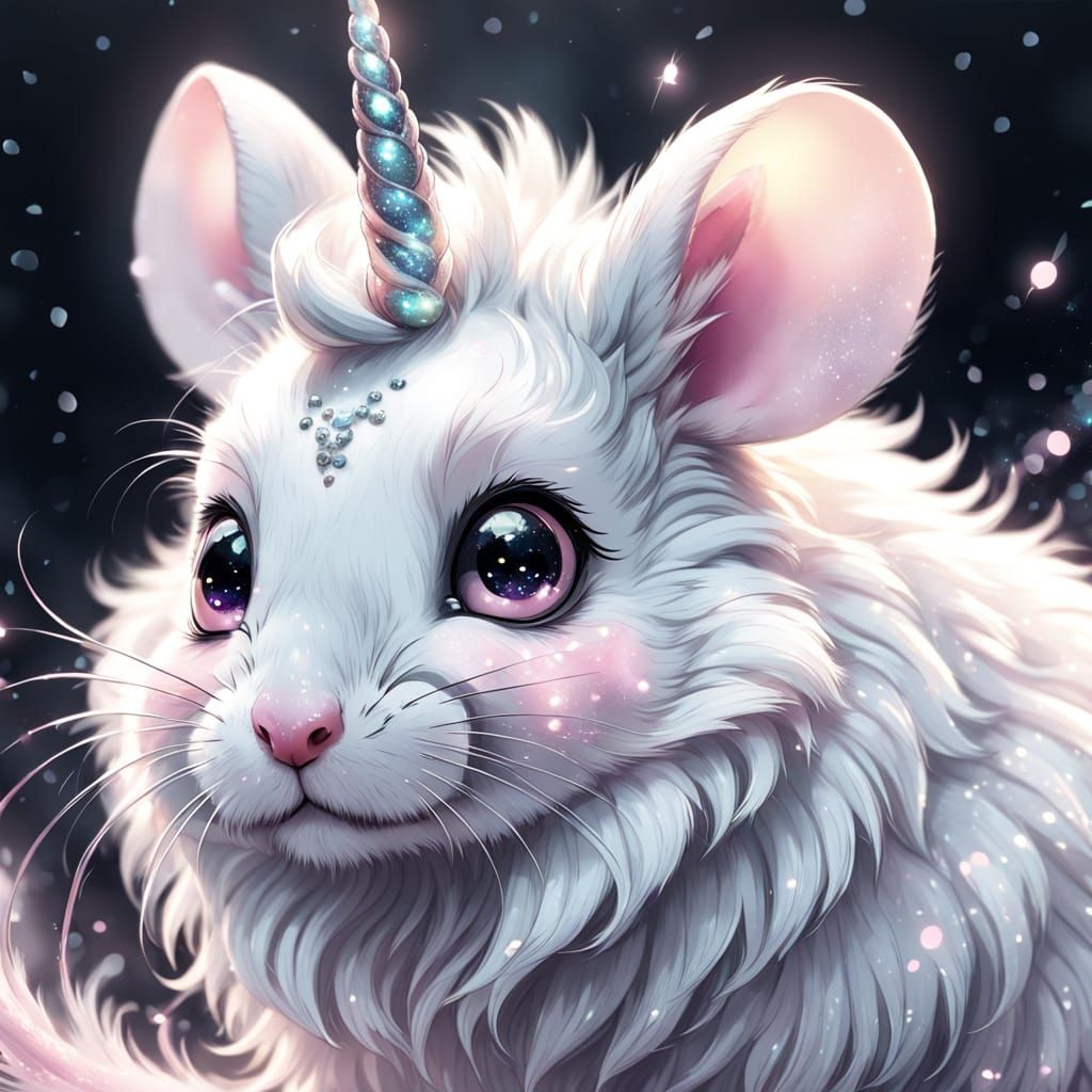 Anime-Style Mouse with Unicorn Horn and Glittering Trail