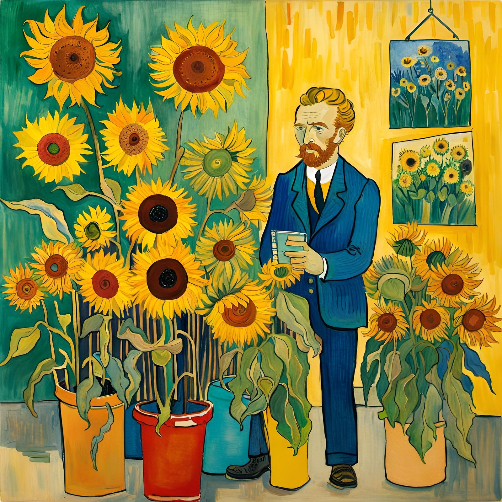 Van Gogh Selling Sunflowers in Art Brut Watercolor