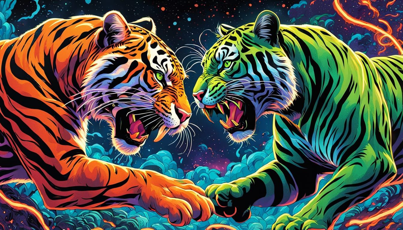 Neon Panther vs Tiger in Cosmic Comic Art