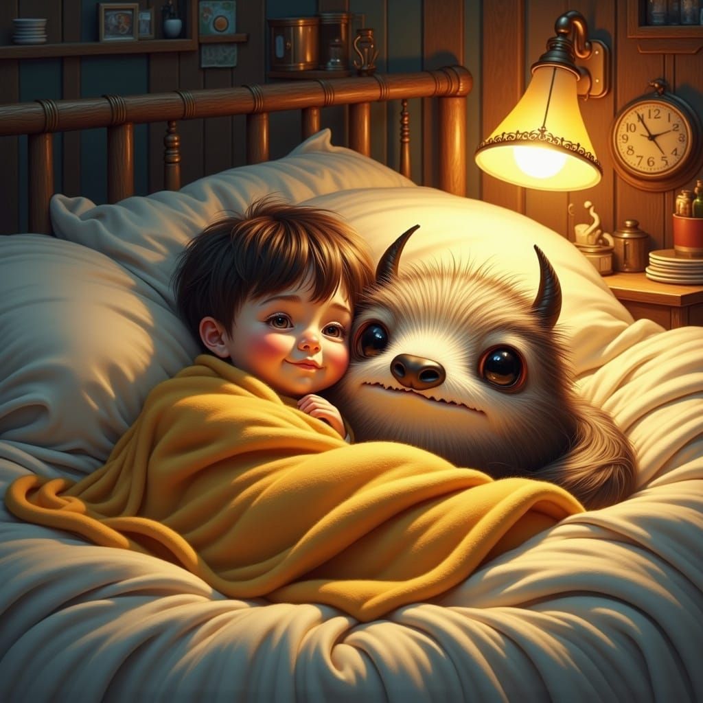 Child and Monster Embrace in Fear, Children's Book Style