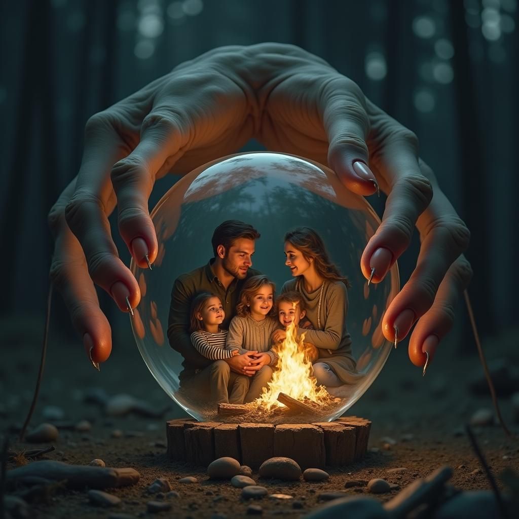Eerie Hand Holding Family in Glass Sphere
