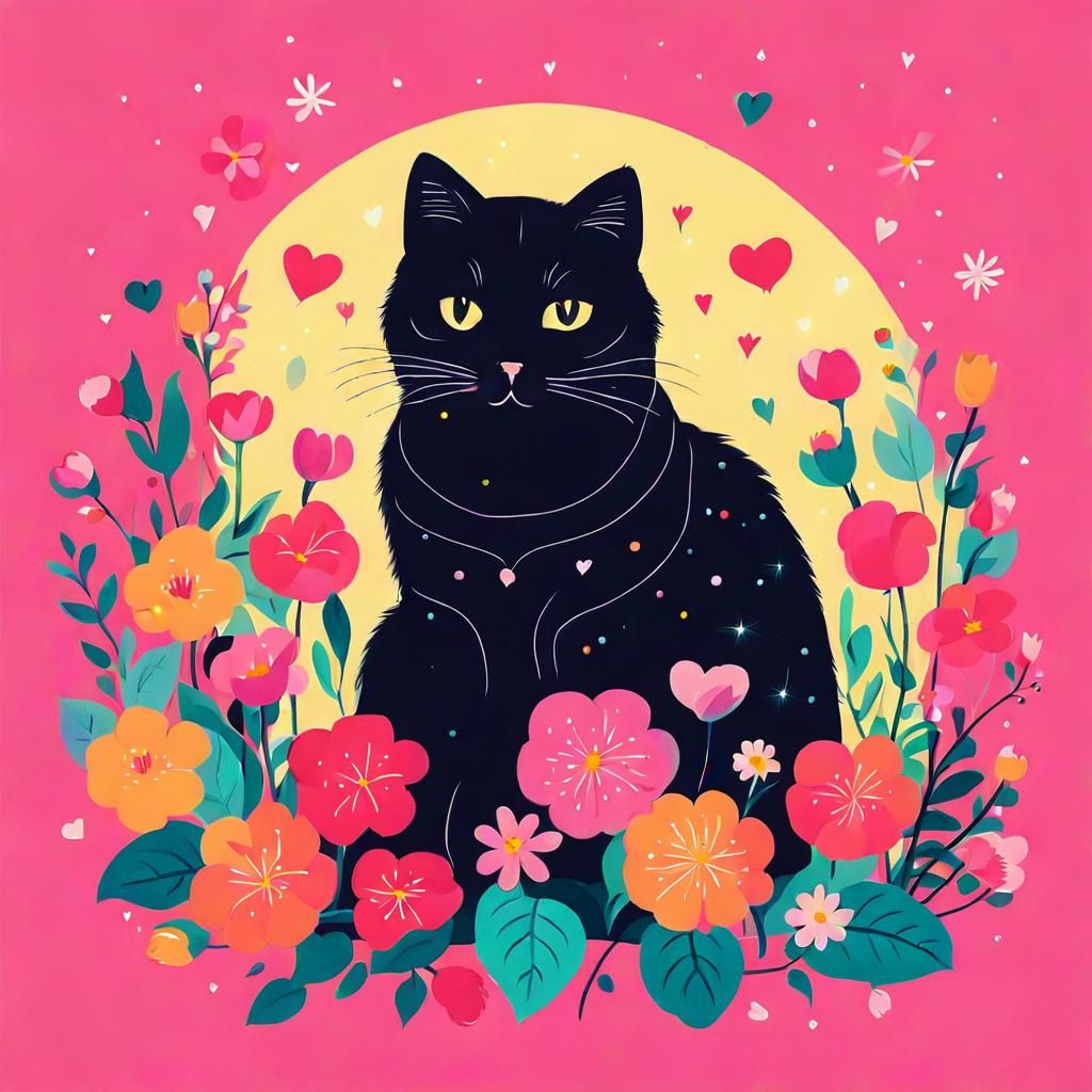 Cute Cat with Flowers in Graphic Style