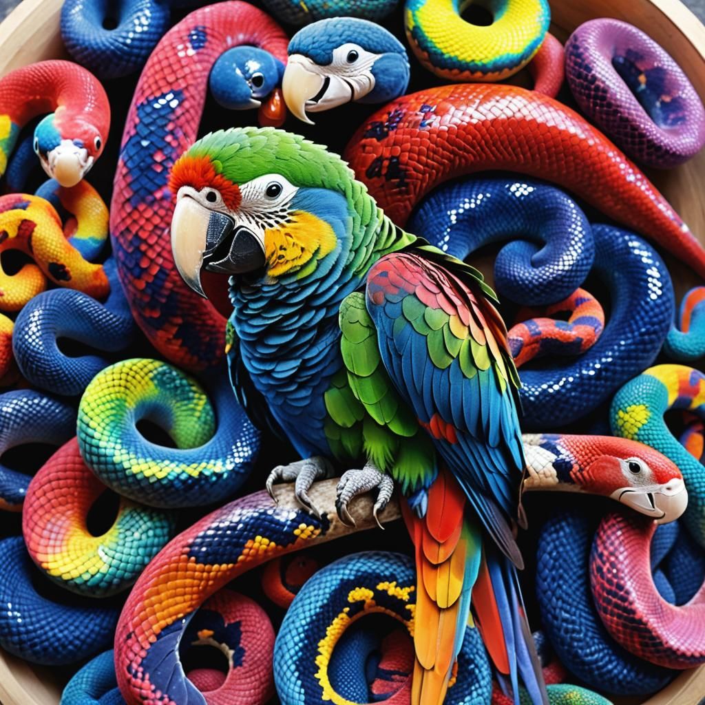 Ara Parrot and Snake with Rainbow Orb