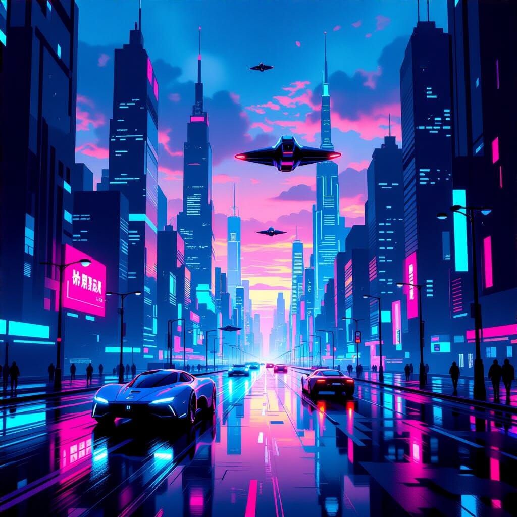 Futuristic Cityscape at Dusk with Neon Lights