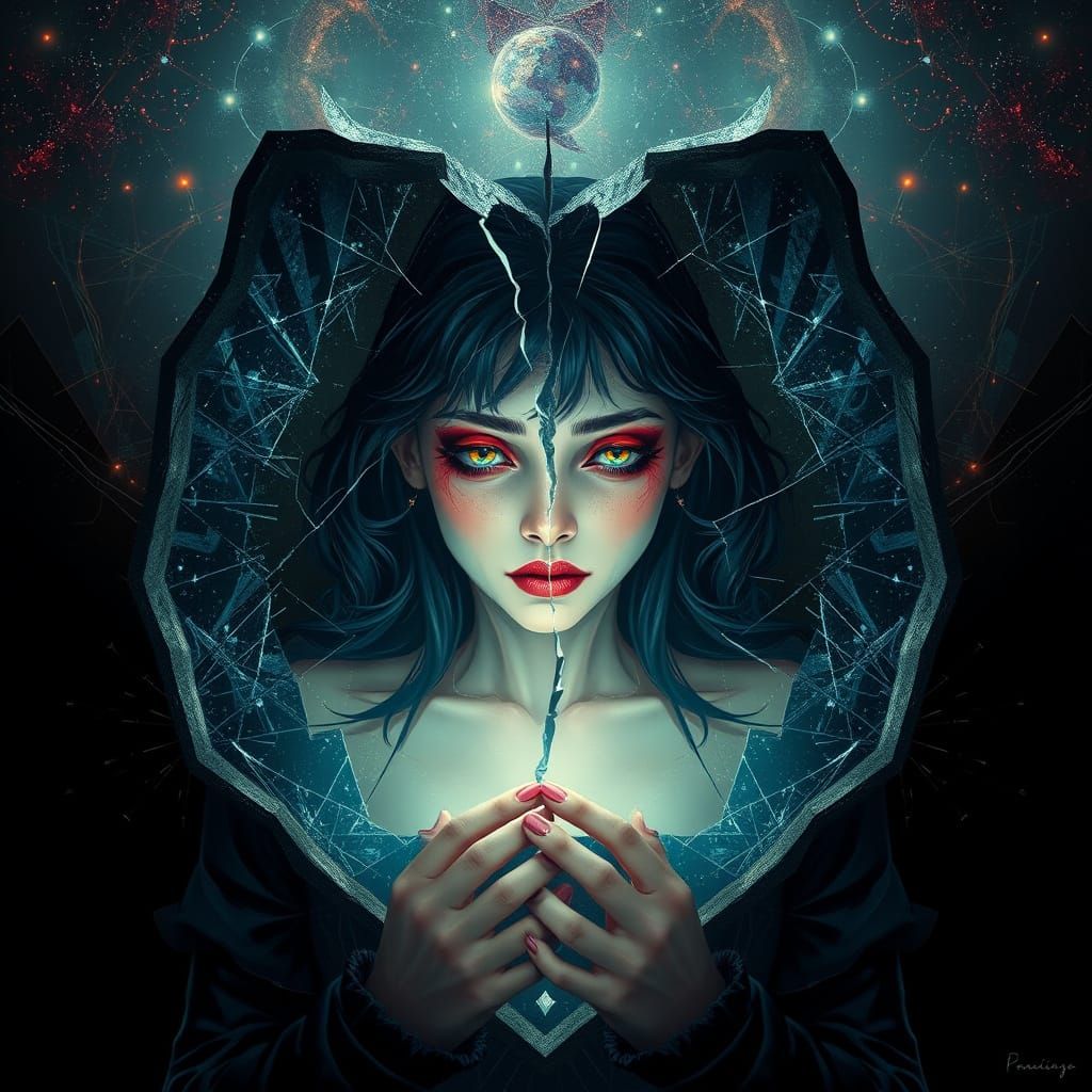 Mournful Gothic Siren Confronts Shattered Cosmic Reflection