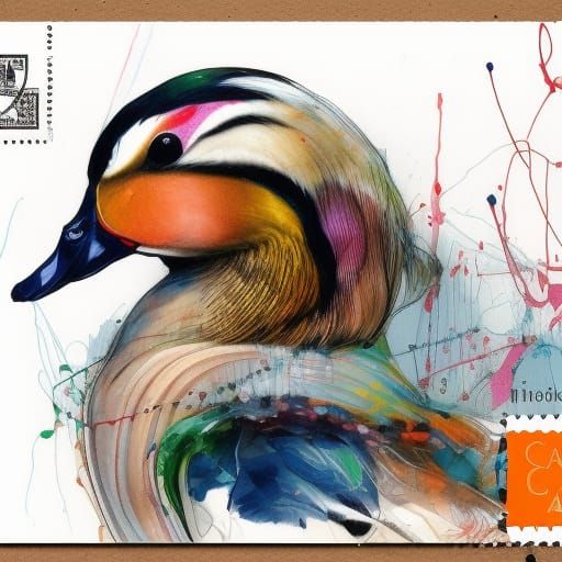 Mandarin Duck Postage Stamp in Watercolor Style