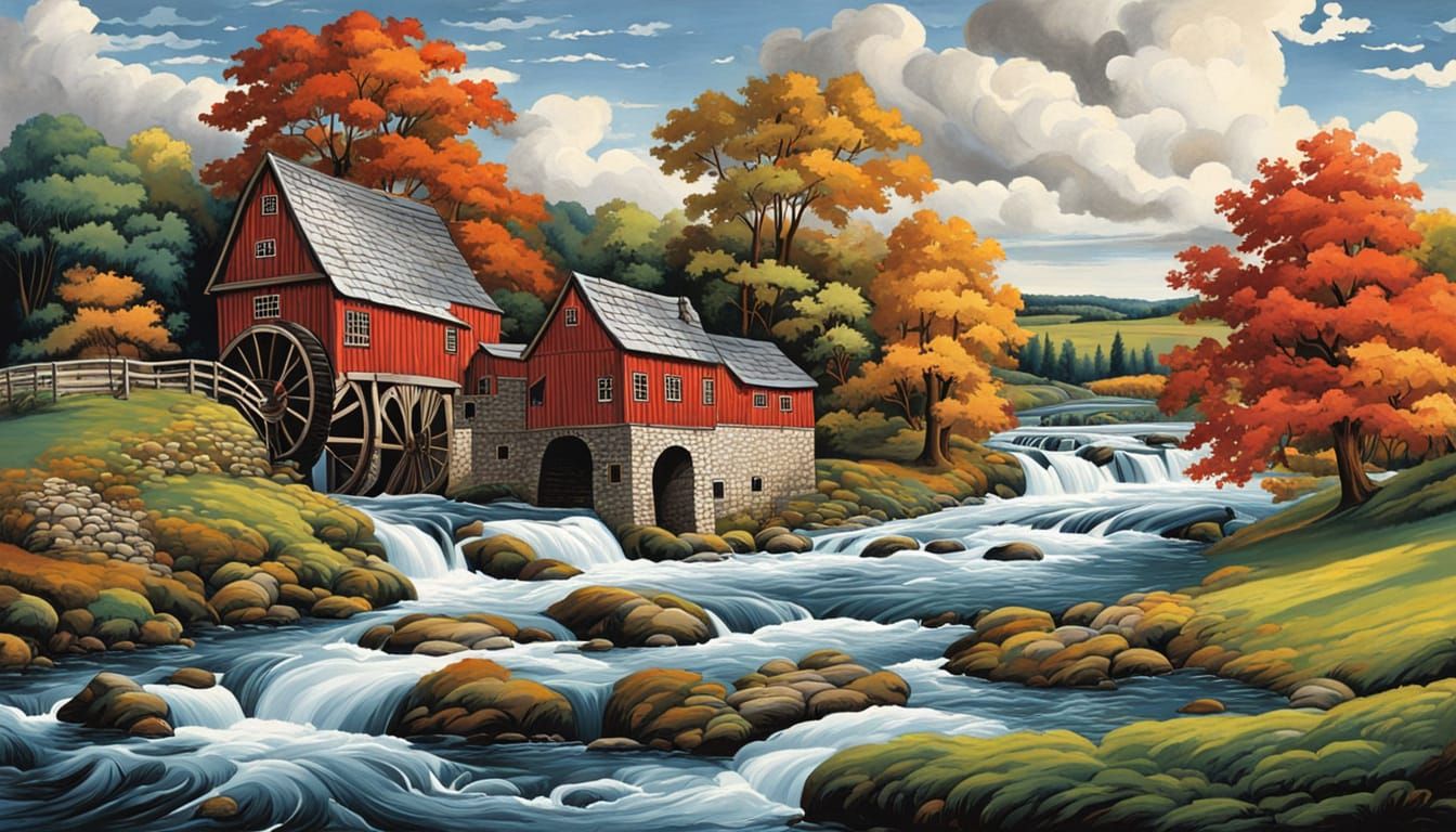 Vibrant Watermill Landscape in Whimsical Digital Watercolour