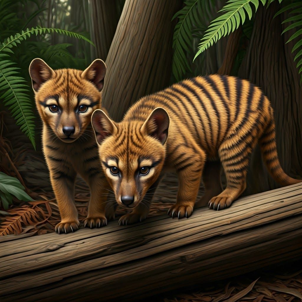curious thylacine pups