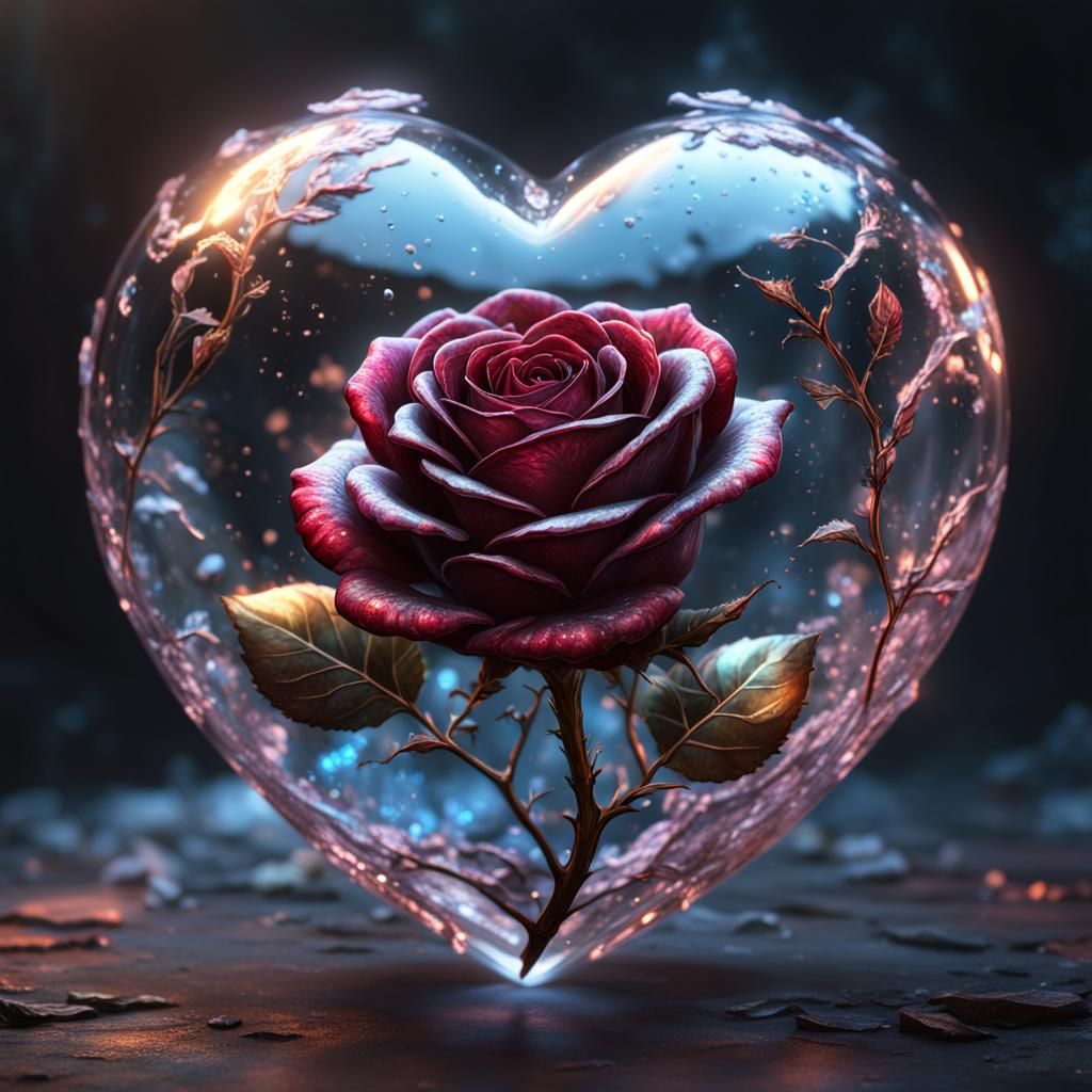 Shimmery Rose in Glass Heart: Detailed Matte Painting