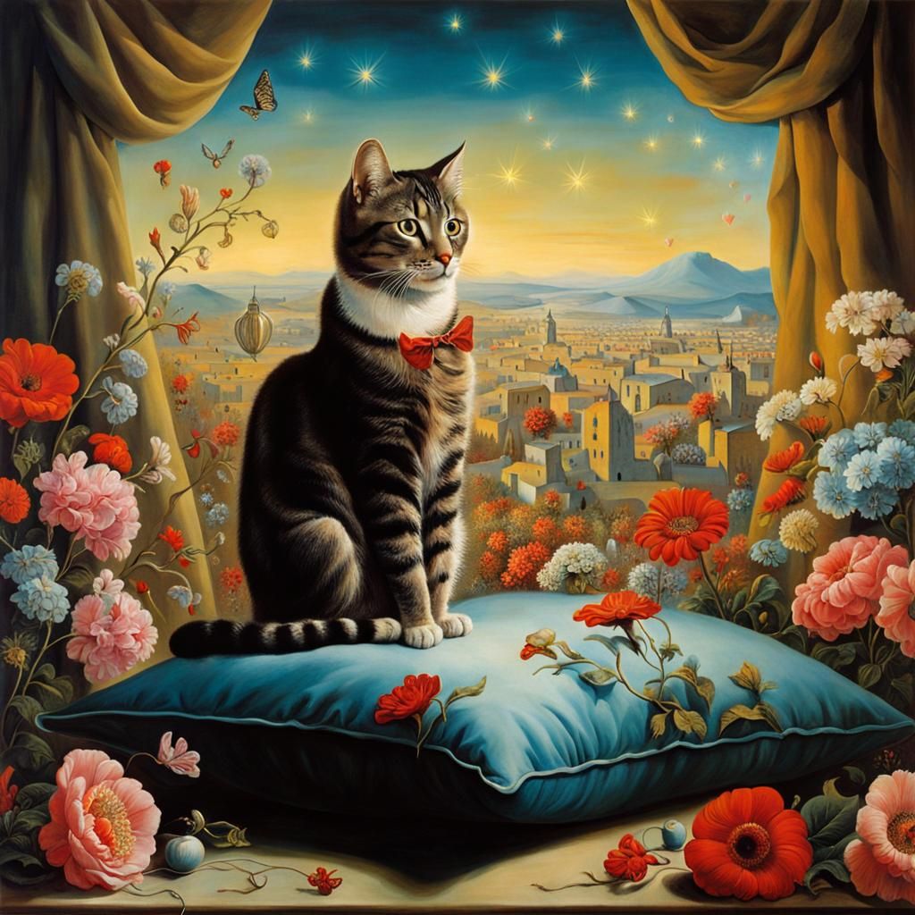 Surreal Cat Surrounded by Flowers in Surrealist Style