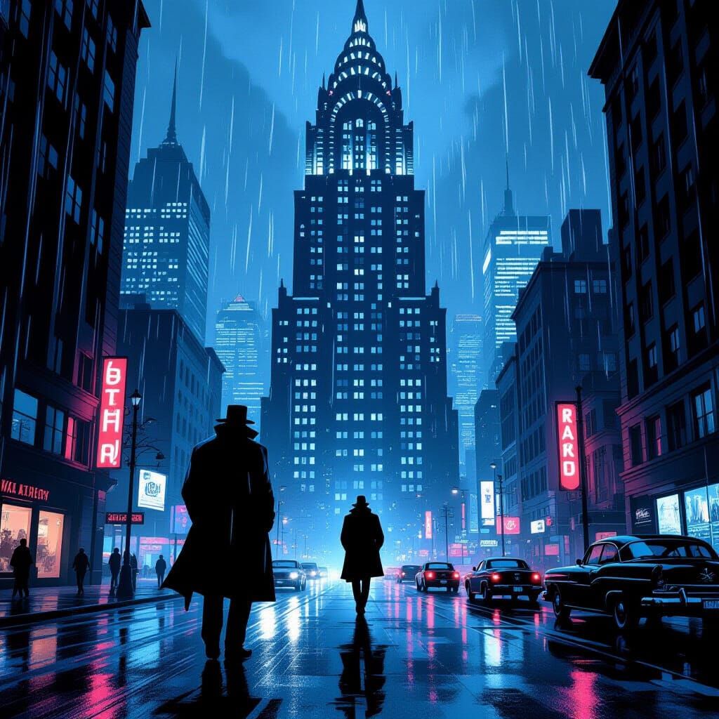 Noir Cityscape at Dusk in Comic Book Style