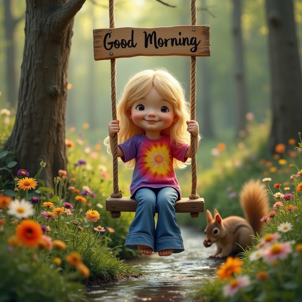 Dollbaby Girl on Swing With Squirrel in Forest