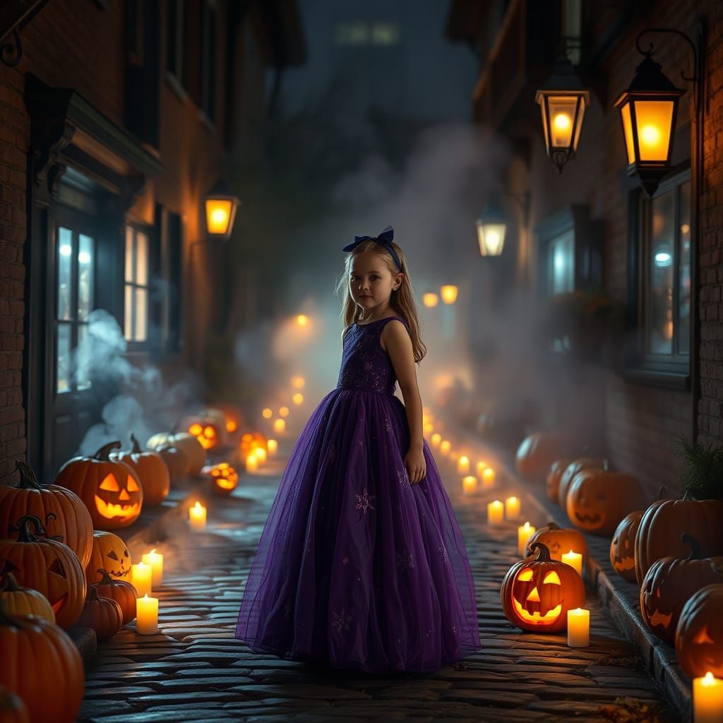 Mystical Halloween Night Scene With Girl in Purple Dress