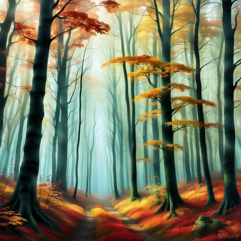Ethereal Surreal Autumn Forest Landscape