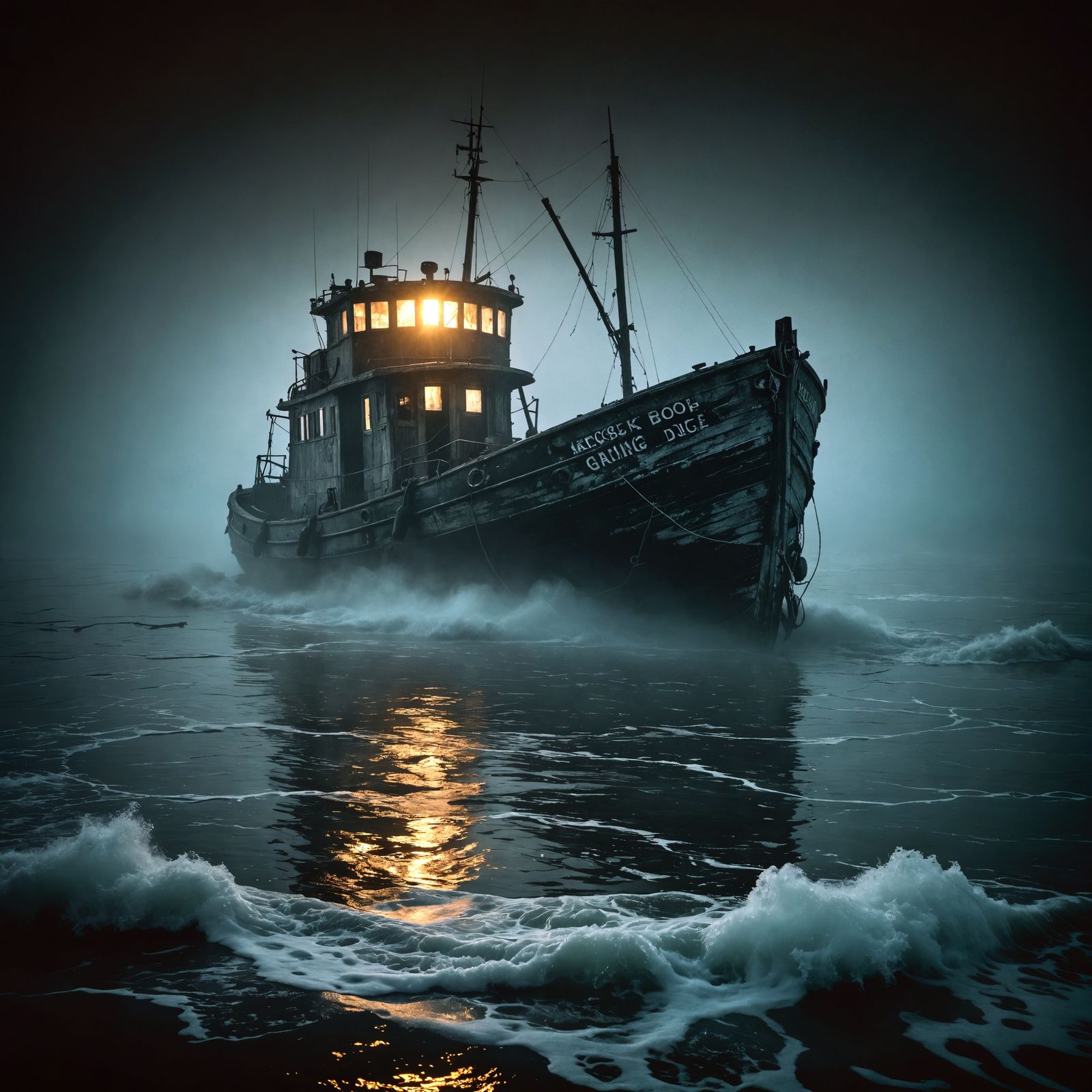 Eerie Fishing Boat Drifting in Dense Fog, Hyperrealistic
