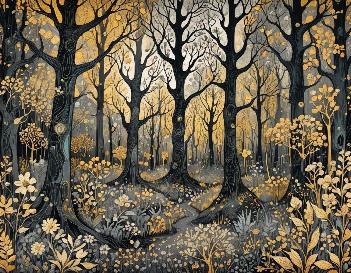 An illustrated magical forest made of doodles. Doodle-style. Hyperrealistic intricate detail