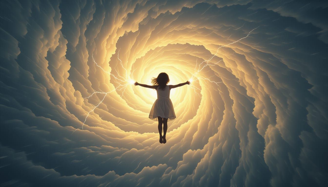Girl Levitating in Hurricane with Fantasy Lighting