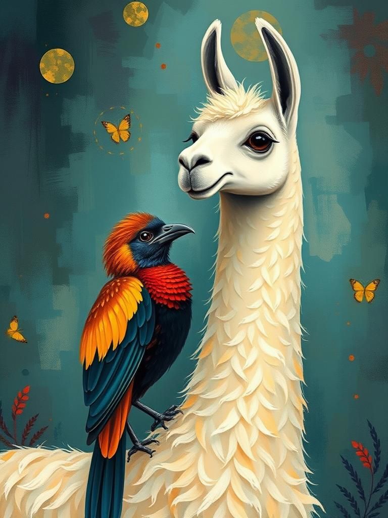 Llama and Exotic Bird in Abstract Mystical Setting