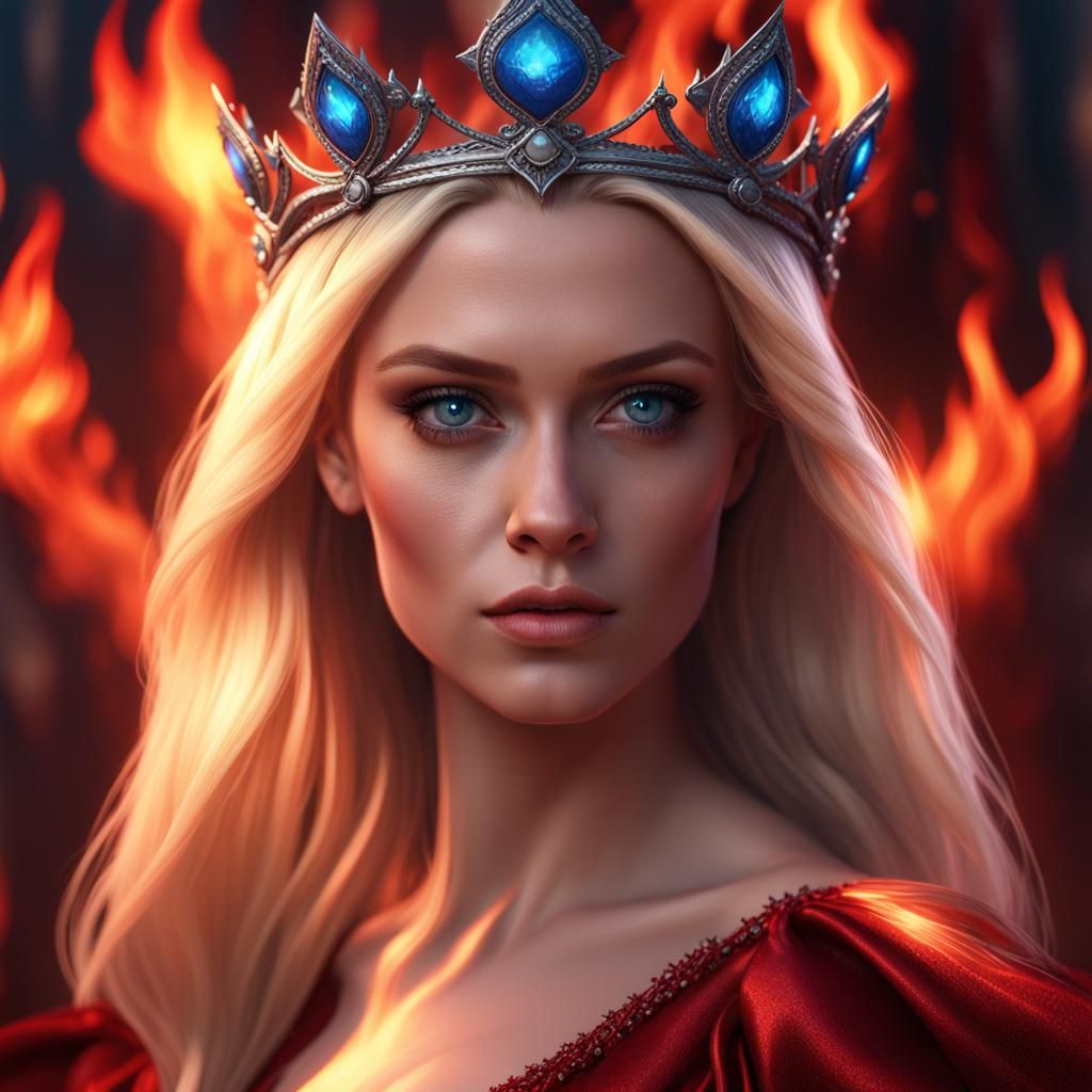 Woman in Red Ballgown with Flame Crown