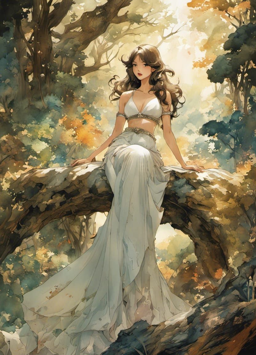 Beautiful Woman in Watercolour Dreamscape Style