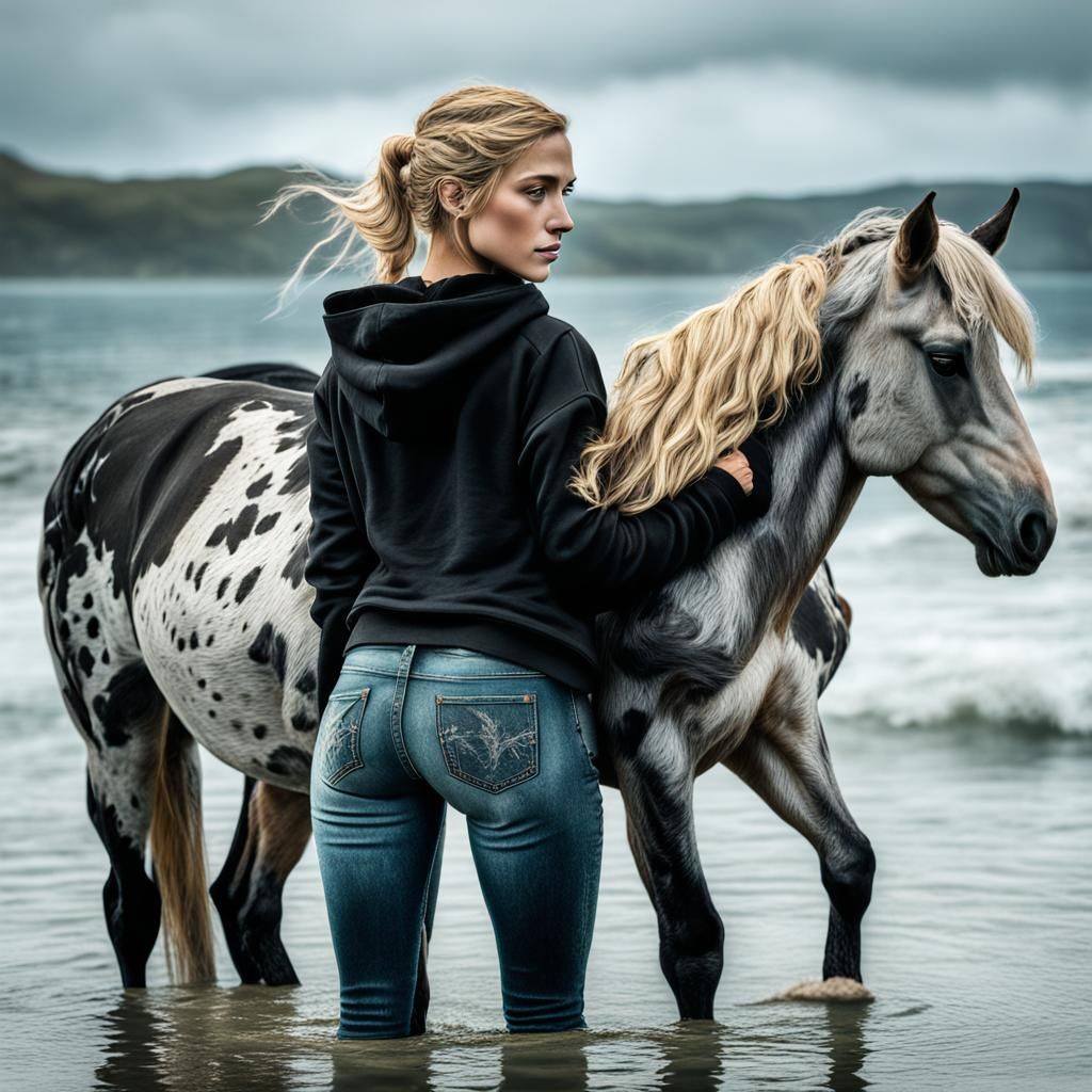 Girl Hugging Appaloosa Horse on Ocean Shore