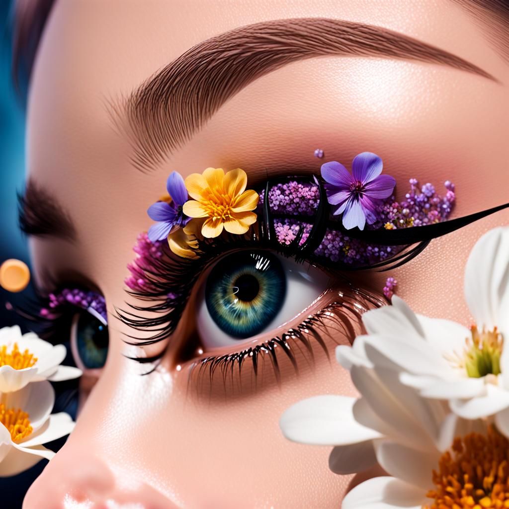 Close up eye skyline flowers