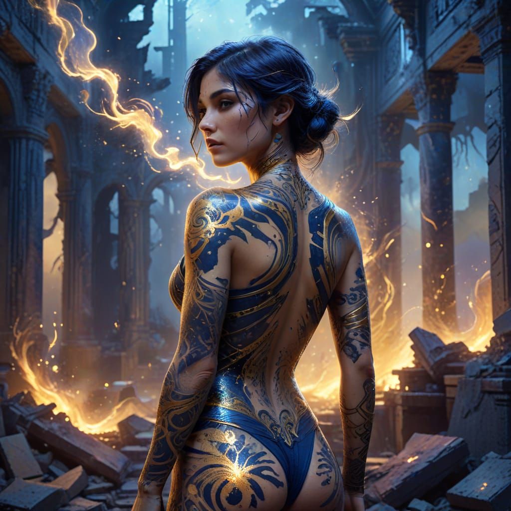 Woman With Glowing Constellation Tattoos in Ancient Ruins