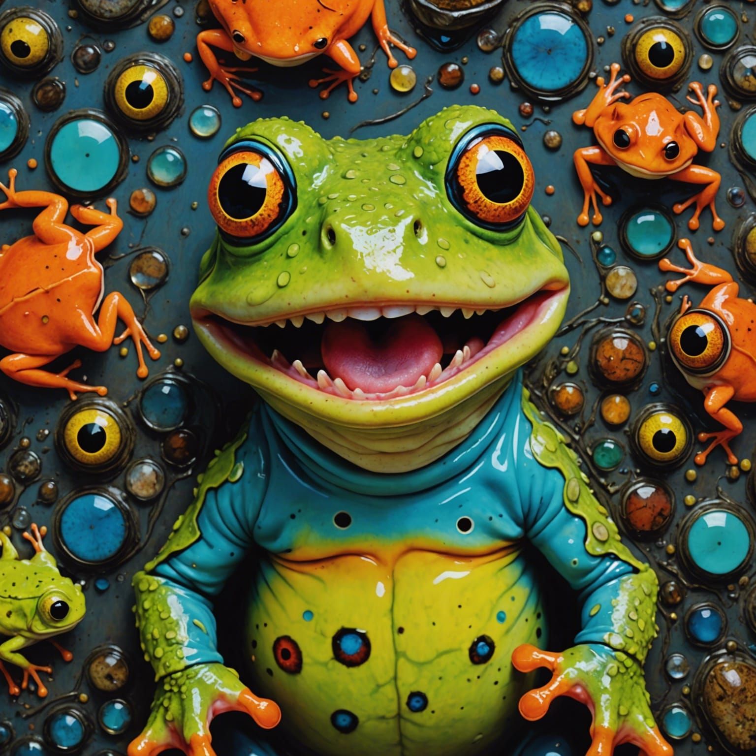 Grotesque Multi-Eyed Frog in Vibrant Collage Style