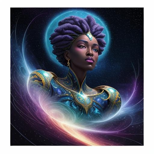 African Woman Soaring Through Starry Fractal Sky