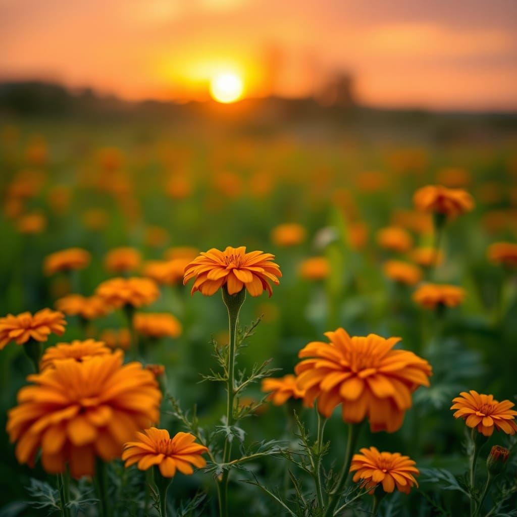 Marigold Field at Sunset with Glowing Skies