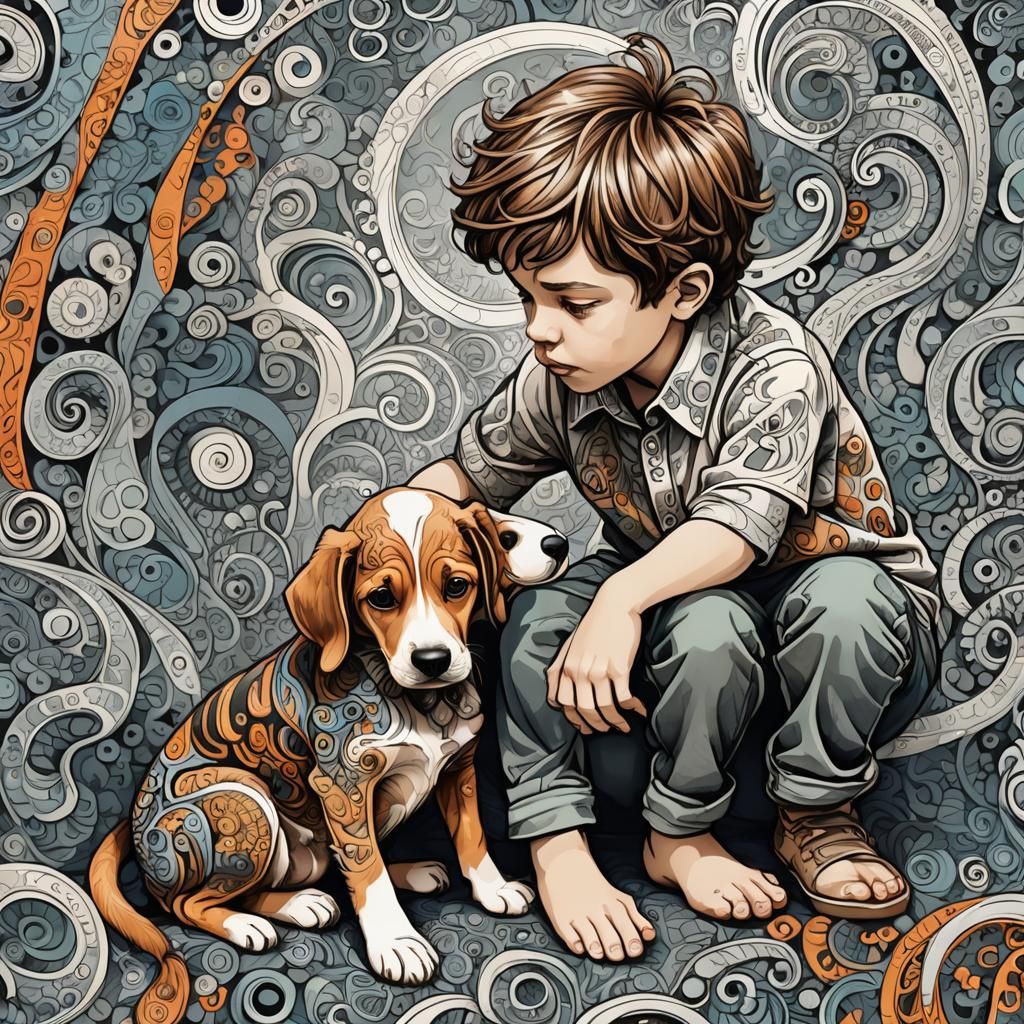 Boy Scolds Puppy in Whimsical Doodle Drawing