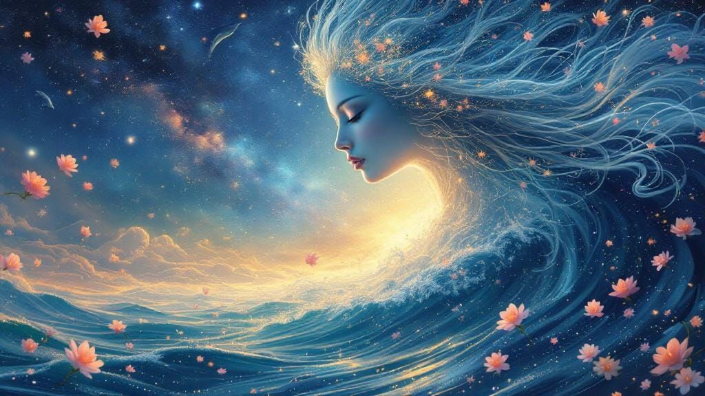 Celestial Goddess Rising from Shimmering Ocean