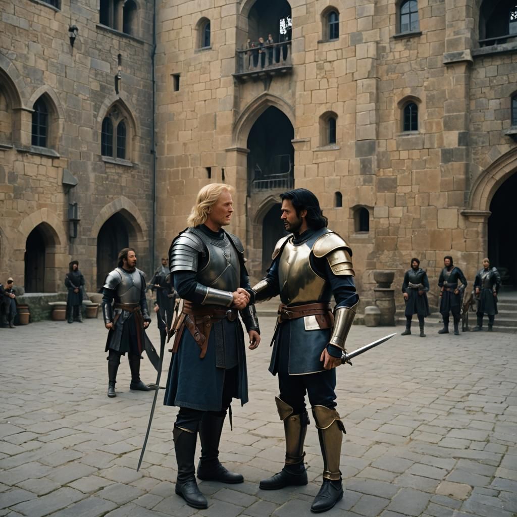 Medieval Men in Castle Courtyard: Cinematic Film Still