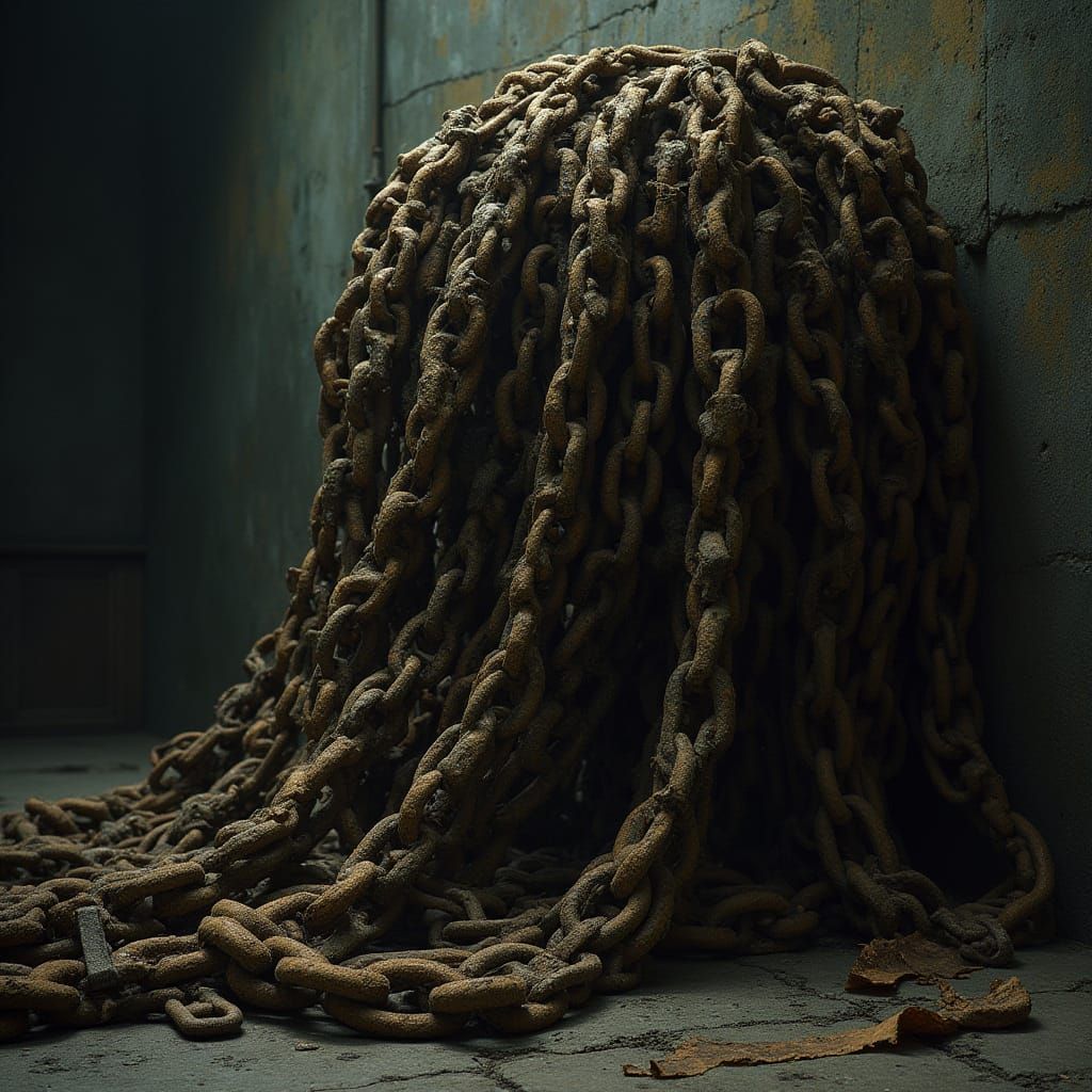 Twisted Mass of Rusty Chains in a Dimly Lit, Atmospheric Set...