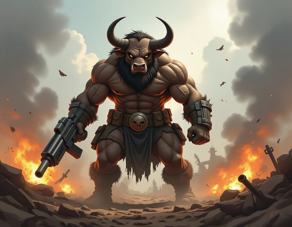 Minotaur with Gatling Gun in Trench Warfare Battle Comic Art