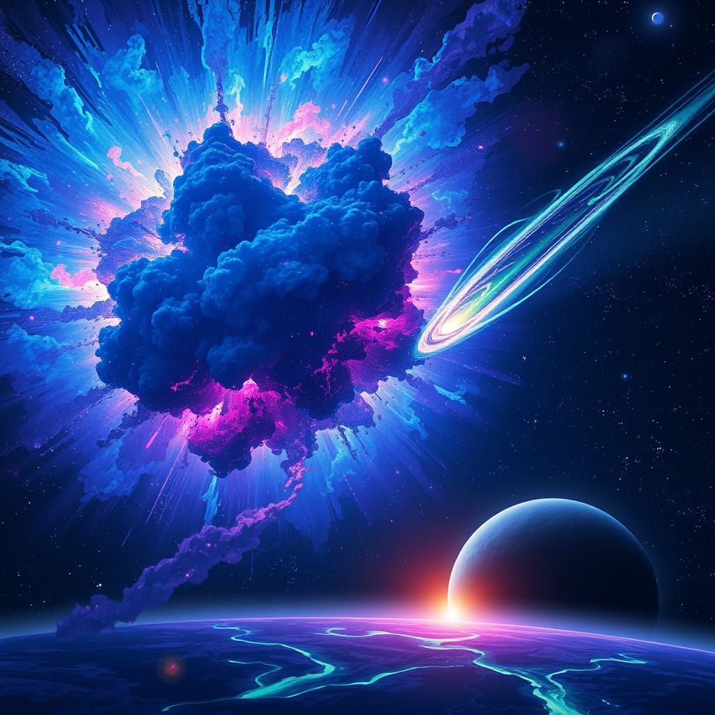 Ethereal Cosmic Birth: Vibrant Supernova Nebula in Anime Sty...