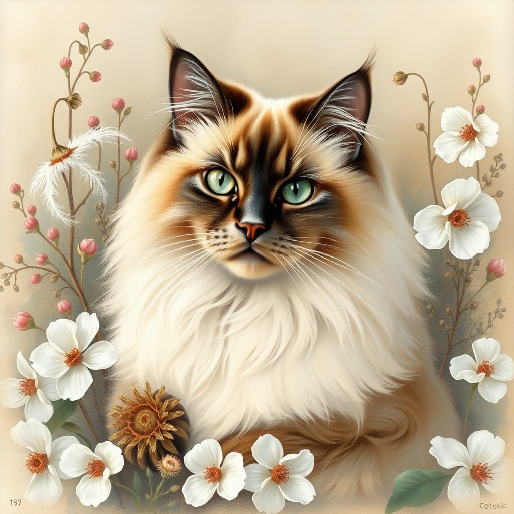 A Longhaired Birman Cat in a Whimsical Floral Setting