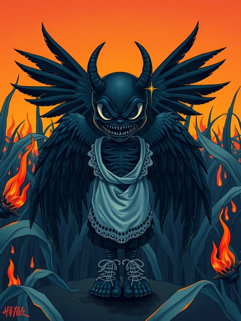 Surreal Dark Angel Descends into Burning Cornfield